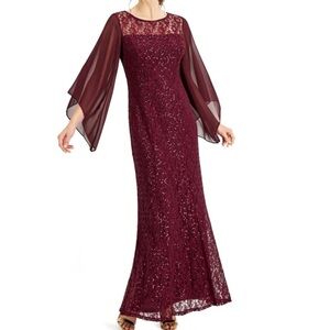 Women’s Formal Dress Size 8 SLNY Maroon Red Flutter Long Sleeves Sequins Gown